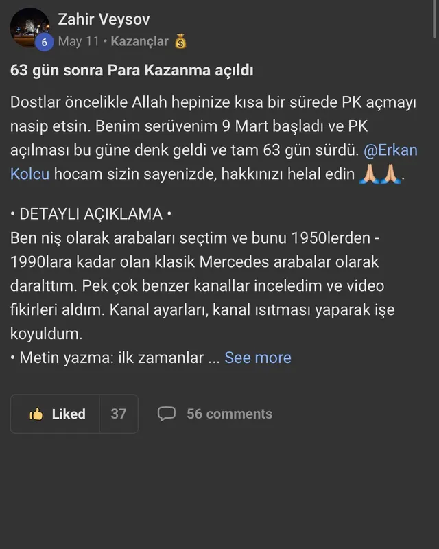 Zahir Veysov — 63 gün sonra Para Kazanma açıldı
